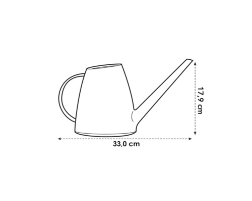 Schets van een gieter met afmetingen 33,0 cm lengte en 17,9 cm hoogte