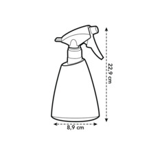 Spuitfles met afmetingen van 22,9 cm hoogte en 8,9 cm breedte als lijntekening.