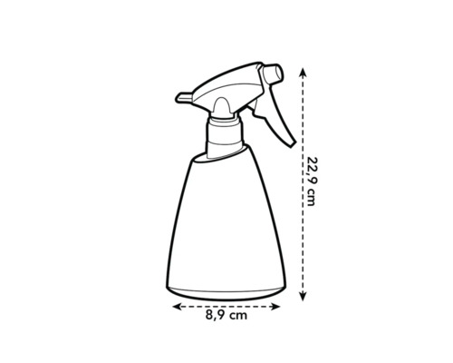 Spuitfles met afmetingen van 22,9 cm hoogte en 8,9 cm breedte als lijntekening.
