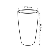 Schets van een plantenbak met afmetingen van 27,0 cm diameter en 44,0 cm hoogte