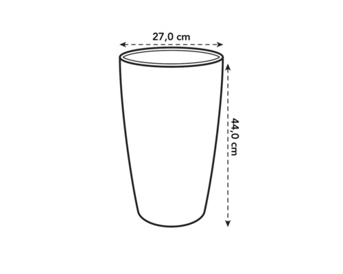 Schets van een plantenbak met afmetingen van 27,0 cm diameter en 44,0 cm hoogte