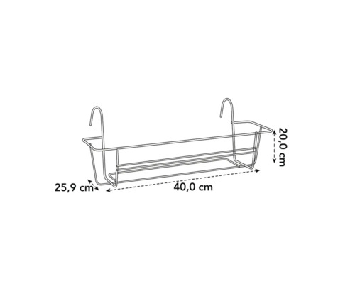 Afbeelding van een metalen bloembakhouder met afmetingen van 40,0 cm x 20,0 cm x 25,9 cm.