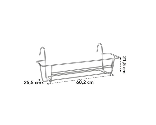 Balkonbakhouder met afmetingen 60,2 cm lang, 25,5 cm breed en 21,5 cm hoog.