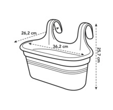 Afmetingen van een balkonbak: 26,2 cm breed, 36,2 cm lang en 25,7 cm hoog.