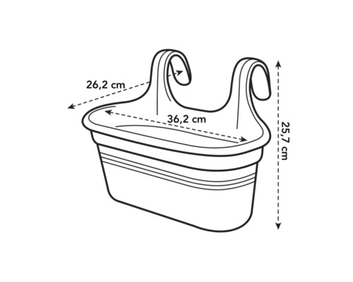 Afmetingen van een balkonbak: 26,2 cm breed, 36,2 cm lang en 25,7 cm hoog.