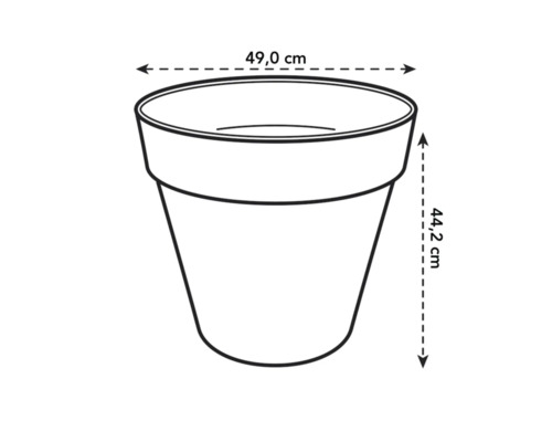 Schets van een plantenbak met de afmetingen 49,0 cm breed en 44,2 cm hoog.