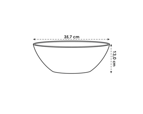 Diagram van een schaal met een breedte van 35,7 cm en een hoogte van 13,0 cm