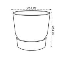 Schets van een plantenbak met afmetingen van 29,5 cm breed en 27,8 cm hoog.