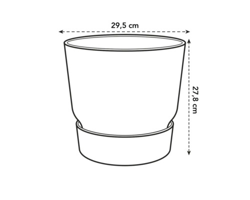 Schets van een plantenbak met afmetingen van 29,5 cm breed en 27,8 cm hoog.