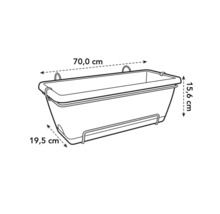 Afbeelding van een bloembak met de afmetingen 70,0 cm lang, 19,5 cm breed en 15,6 cm hoog.