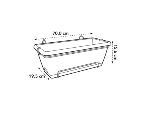 Afbeelding van een bloembak met de afmetingen 70,0 cm lang, 19,5 cm breed en 15,6 cm hoog.