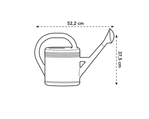 Technische tekening van een gieter met de afmetingen 52,2 cm breed en 37,5 cm hoog