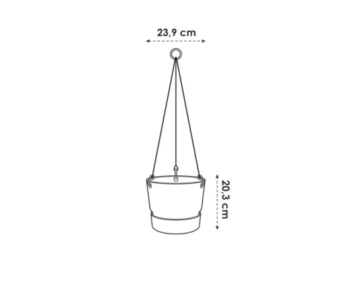 Tekening van een hangpot met de afmetingen 23,9 cm breed en 20,3 cm hoog.