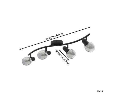 Plafondlamp met vier spots, lengte 64 centimeter, breedte 22 centimeter