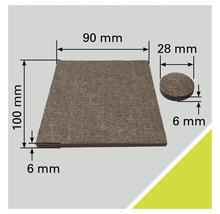 Viltglijders set met de afmetingen 90 millimeter bij 100 millimeter en 28 millimeter doorsnede, 6 millimeter dik