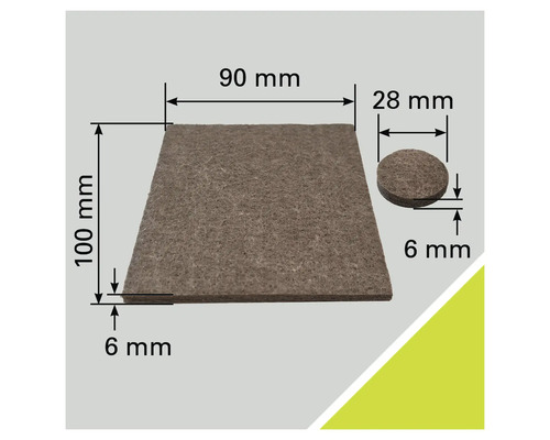 Viltglijders set met de afmetingen 90 millimeter bij 100 millimeter en 28 millimeter doorsnede, 6 millimeter dik