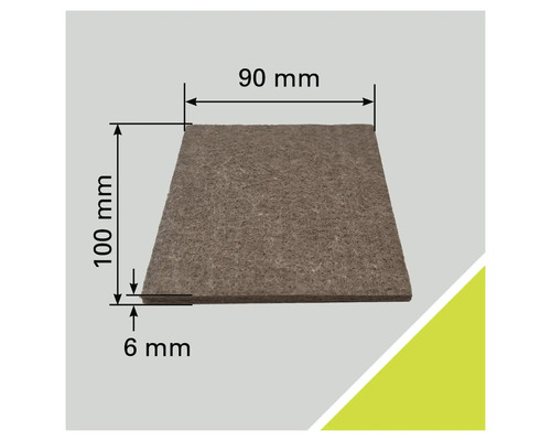 Vierkante vilten plaat, 90 mm breed, 100 mm lang en 6 mm dik