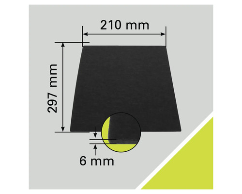 Illustratie van een plaat met de afmetingen 210 millimeter bij 297 millimeter en een dikte van 6 millimeter.