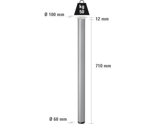 Tafelpoten met afmetingen 710 mm lengte, 100 mm diameter bovenaan en 60 mm diameter onderaan