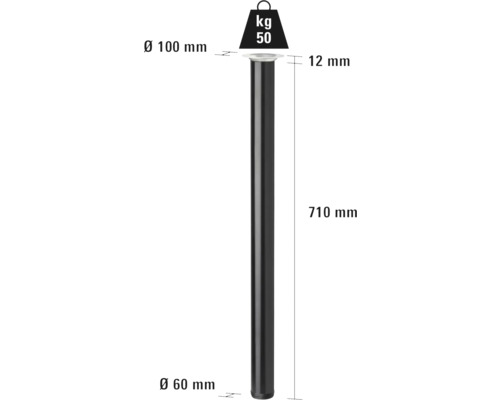 Producttekening van een tafelpot met afmetingen van 710 millimeter lengte, 100 millimeter diameter bovenaan en 60 millimeter diameter onderaan, en een draagvermogen tot 50 kilogram.