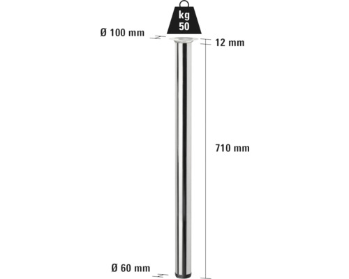 Tafelpoten met de afmetingen 100 mm, 12 mm, 710 mm en 60 mm en een draagvermogen van 50 kg