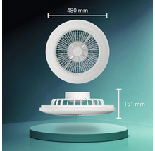 Twee aanzichten van een ronde, witte plafondventilator met afmetingen van 480 millimeter diameter en 151 millimeter hoogte.