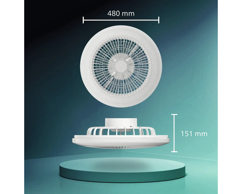 Twee aanzichten van een ronde, witte plafondventilator met afmetingen van 480 millimeter diameter en 151 millimeter hoogte.