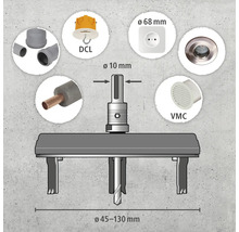 Gatzaag met diverse componenten zoals DCL-plafondaansluitdoos, stopcontact, VMC-ventilatieventiel en leidingen