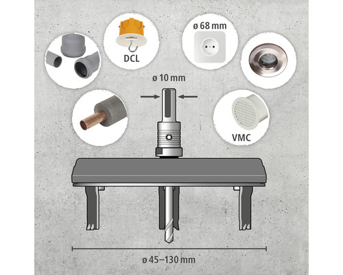 Gatzaag met diverse componenten zoals DCL-plafondaansluitdoos, stopcontact, VMC-ventilatieventiel en leidingen