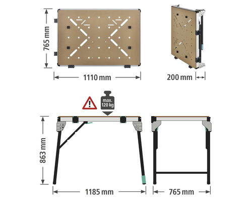 Technische tekening van een werktafel met maatvoering