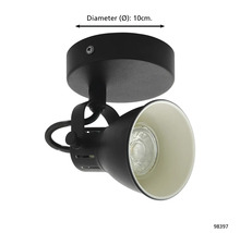 Zwarte plafondlamp met een diameter van 10 cm.