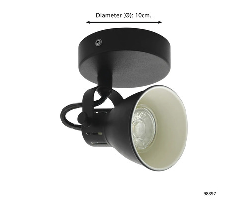 Zwarte plafondlamp met een diameter van 10 cm.