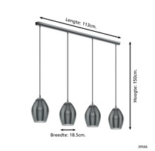 Hanglamp met vier grijze glazen kappen en maatvoering