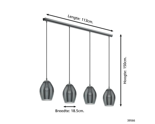 Hanglamp met vier grijze glazen kappen en maatvoering