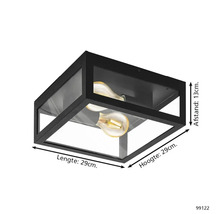 Zwarte glazen plafondlamp met afmetingen 29 x 29 x 13 cm