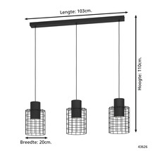 Hanglamp met drie lampenkappen van metaalgaas, lengte 103 cm, hoogte 110 cm en breedte 20 cm