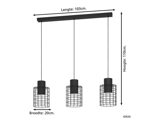 Hanglamp met drie lampenkappen van metaalgaas, lengte 103 cm, hoogte 110 cm en breedte 20 cm