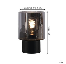 Tafellamp met glazen cilinder, een hoogte van 22 cm en een diameter van 15 cm.