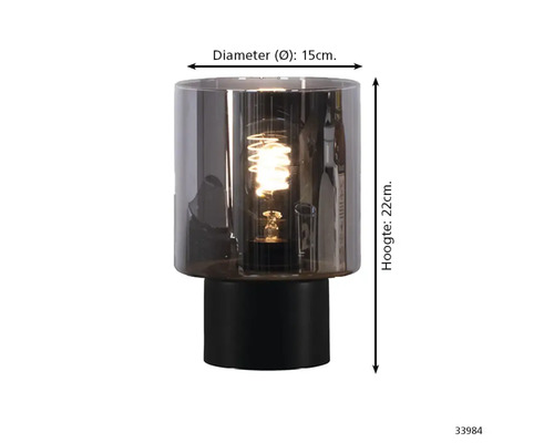 Tafellamp met glazen cilinder, een hoogte van 22 cm en een diameter van 15 cm.