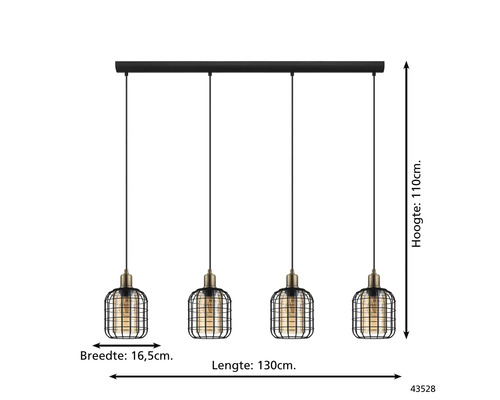 Hanglamp met vier lampen in industrieel design, 130x16,5x110 cm