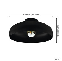 Zwarte plafondlamp met een diameter van 40 centimeter en een hoogte van 17 centimeter.