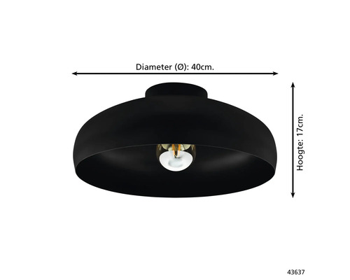 Zwarte plafondlamp met een diameter van 40 centimeter en een hoogte van 17 centimeter.