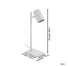 Witte bureaulamp met een hoogte van 38 cm, een lengte van 26 cm en een breedte van 11 cm.