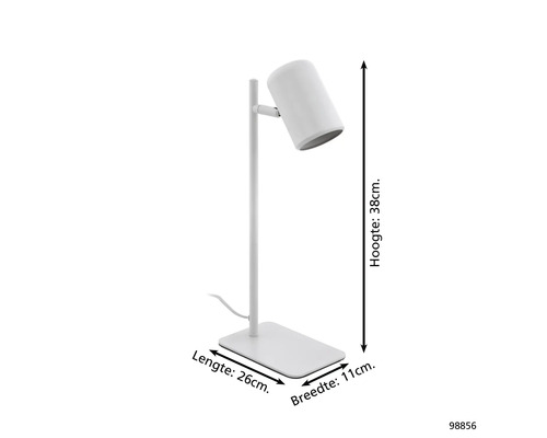 Witte bureaulamp met een hoogte van 38 cm, een lengte van 26 cm en een breedte van 11 cm.