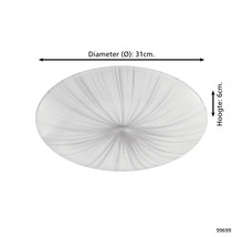 Plafondlamp met een diameter van 31 centimeter en een hoogte van 6 centimeter.