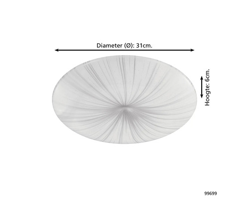 Plafondlamp met een diameter van 31 centimeter en een hoogte van 6 centimeter.