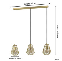 Hanglamp met drie lampen en metalen kap, lengte 96 cm, breedte 20 cm, hoogte 110 cm