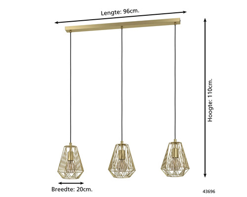 Hanglamp met drie lampen en metalen kap, lengte 96 cm, breedte 20 cm, hoogte 110 cm