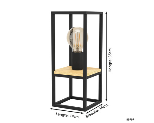 Decoratieve tafellamp met zwart metalen frame en lamp, hoogte circa 35 centimeter.