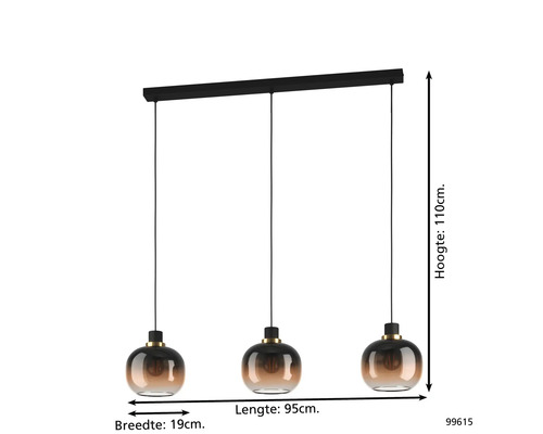 Hanglamp met drie lampen, glas, 95x19x110cm